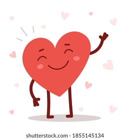 Vector red cute happy heart character with smile on white background. Romantic flat style Valentine's Day illustration to express feelings of love