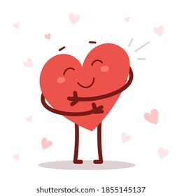 Vector red cute happy heart character hugs himself with smile on white background. Romantic flat style Valentine's Day illustration to share feeling of love