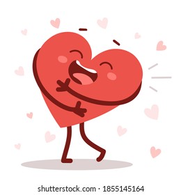 Vector red cute happy heart character hugs himself laughing on white background. Romantic flat style Valentine's Day illustration to share feeling of love