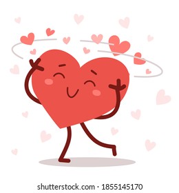 Vector red cute happy heart character dizzy with love with smile on white background. Romantic flat style design Valentine's Day illustration to express feelings of love