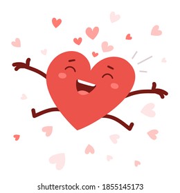 Vector red cute happy heart character jumping with arms spread wide and smile on white background. Romantic flat style Valentine's Day illustration to share feeling of love