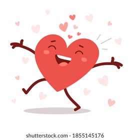 Vector red cute happy heart character with arms spread wide and smile on white background. Romantic flat style Valentine's Day illustration to express feelings of love