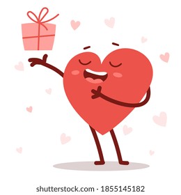 Vector red cute happy heart character giving a present with smile on white background. Romantic flat style design Valentine's Day illustration to share feeling of love