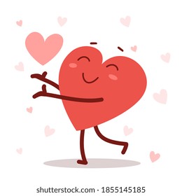 Vector red cute happy heart character shares a heart with smile on white background. Romantic flat style design Valentine's Day illustration to share feeling of love