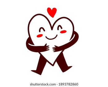 Vector red cute happy heart character with hands hugging self and smile on white background