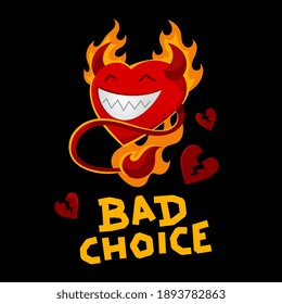 Vector red cute happy heart devil character with smile and horns on fire on dark background