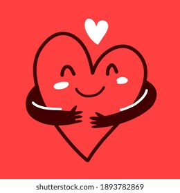 Vector red cute happy heart character with hands hugging self and smile on red background, world heart day