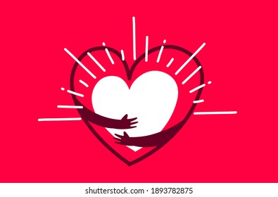 Vector red cute happy heart with hands hugging self on red background, world heart day