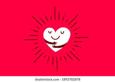 Vector red cute happy heart character with smile and hands hugging self on red background, love yourself