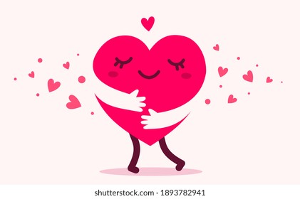 Vector red cute happy heart character with hands hugging self on white background with hearts, world heart day