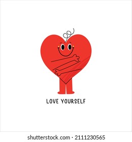 Vector red cute happy heart character hugs himself laughing with text on white background. Love yourself funny concept. Cute single heart. Happy Valentine's day vector card. Vector illustration