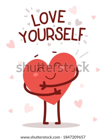 Vector red cute happy heart character hugs himself with smile and text on white background. Romantic flat style Valentine's Day illustration to share feeling of love