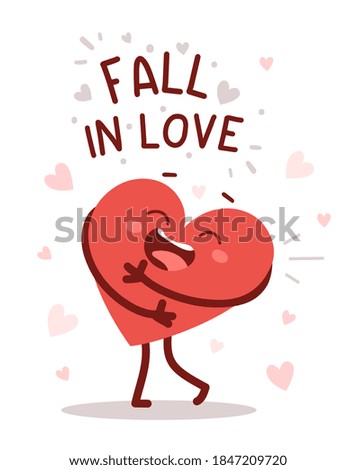 Vector red cute happy heart character hugs himself laughing with text on white background. Romantic flat style Valentine