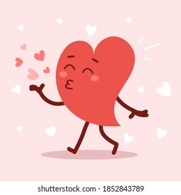 Vector red cute heart character blows a kiss on pink background. Romantic flat style Valentine's Day illustration to share feeling of love