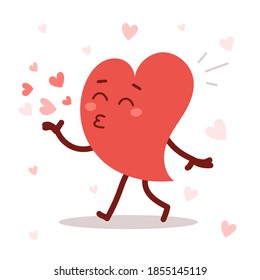 El personaje rojo vectorial adorable del corazón golpea un beso con fondo blanco. Estilo romántico plano ilustrativo del Día de San Valentín para compartir el sentimiento de amor