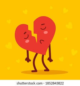 Vector red cute sad broken heart character on yellow background. Romantic flat style Valentine's Day illustration to express feelings of love