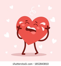 Vector red cute sad crying heart character on pink background. Romantic flat style Valentine's Day illustration to express feelings of love