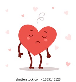 Vector red cute sad heart character on white background. Romantic flat style Valentine's Day illustration to express feelings of love