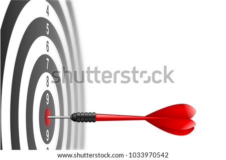 Vector red dart arrow hitting in the target center of dartboard. Metaphor to target success, winner concept. Isolated on white background