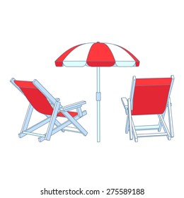 Vector red deck chairs under beach umbrella