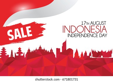 Vector red design, Illustration of Indonesia Icons, flag, and Sale for 17th August Indonesia Independence Day.