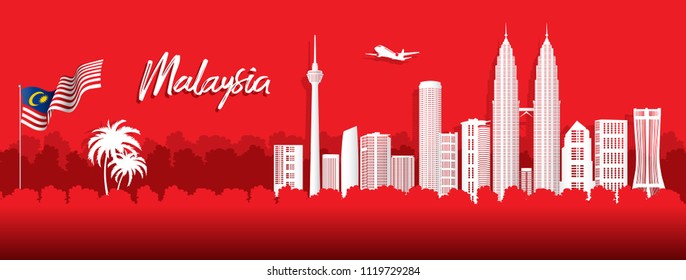 Vector red design Ilustration of city of Kuala Lumpur and Malaysia flag. Malaysia Travel concept.