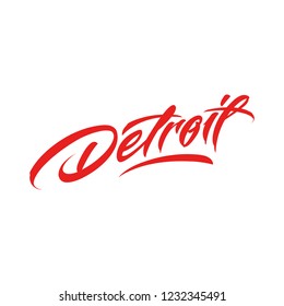 Vector red Detroit lettering. Calligraphy Detroit logo concept design isolated on white background. Hand lettering logo