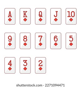 Vector red diamond playing cards on white background.