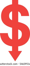 Vector red dollar symbol with arrow moving down.