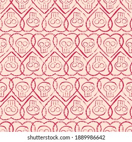 Vector red doodle hearts skulls seamless pattern