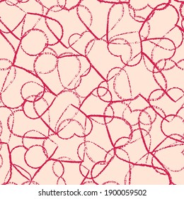 Corazones de doodle rojos vectoriales textualmente patrón sin fisuras