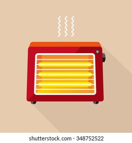 vector red electric heater / working, turned on / halogen lamp, carbon lamp / yellow, orange lighting / flat illustration quality