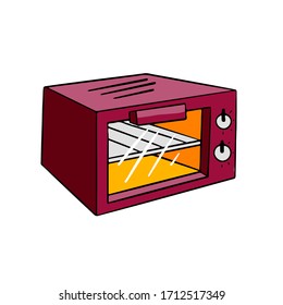 Vector red electric oven for the kitchen. The device for frying, grilling, heating. Illustration on the theme of cuisine, cooking, recipes, kitchen items isolated on white background.