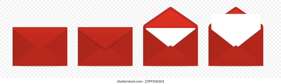 Vector Red Envelopes with Blank Letter. Folded, Unfolded Isolated Envelope Set. Design Template. Message, Notification, Mailing, Surprise and Congratulations Concept