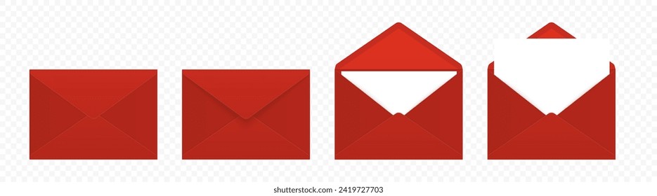 Vector Red Envelopes with Blank Letter. Folded, Unfolded Isolated Envelope Set. Design Template. Message, Notification, Mailing, Surprise and Congratulations Concept