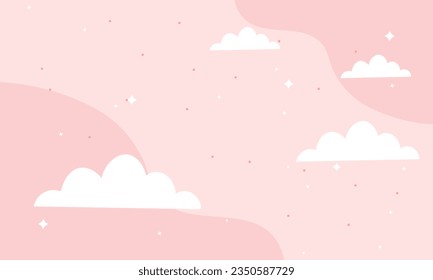 Vector red fairytale sky background with stars. white and pastel color clouds for imaginary world