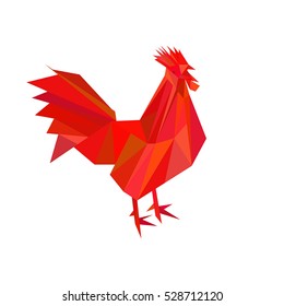 Vector Red Fire Rooster in low poly style. Icon with red cock. Happy New Year 2017 card. Chinese New Year Symbol Rooster. 