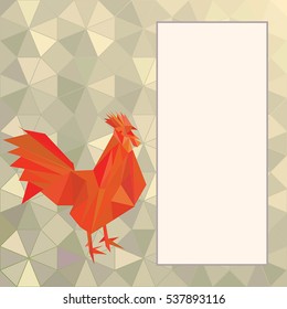 Vector Red Fire Rooster in low poly style. Happy New Year 2017 card with space for text. Chinese New Year Symbol Rooster.