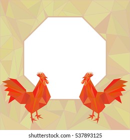 Vector Red Fire Rooster in low poly style. Happy New Year 2017 card with space for text. Chinese New Year Symbol Rooster.