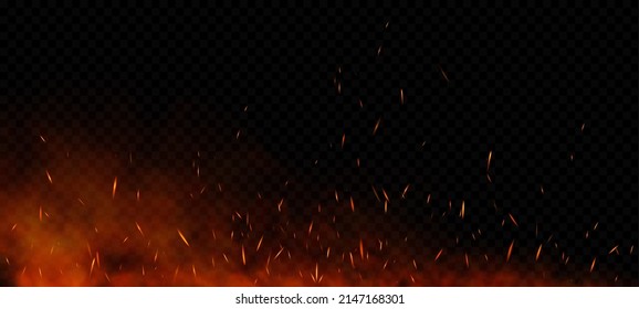 Vector red fire sparks flying up. Burning glowing particles. Flame of fire with sparks isolated on a black transparent background.