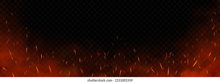 Vector red fire sparks flying up. Burning glowing particles. Flame of fire with sparks isolated on a black transparent background.