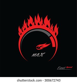 Vector red fire speedometer scale. Concept of speed and acceleration. Vector element of graphic design