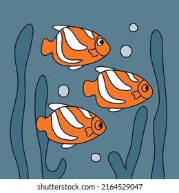 vector red fish card in ocean underwater seaweed children card  color exotic reef illustration