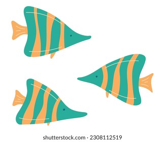 Vector red fish isolated on white background, decorative marine flat sign, wild tropical animal, cartoon sea symbol for travel design, greeting card, invitation.