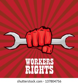 Vector Red Fist Holding Wrench. Workers Rights Concept. Vector Worker Sign