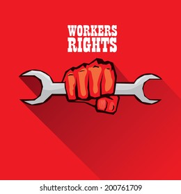 vector red fist holding wrench. workers rights concept. vector worker flat style sign