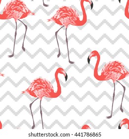 Vector red flamingo on a neutral grey chevron background seamless pattern