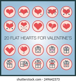 Vector red flat hearts icons set for Valentine's Day (twenty items).
