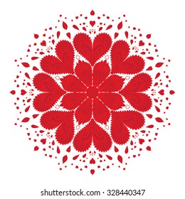 Vector red floral mandala with hearts
