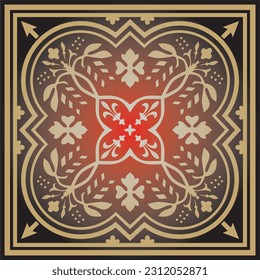 Ornamento cuadrado floral rojo vectorial. Patrones de los pueblos de Europa. Esténcil griego y romano.